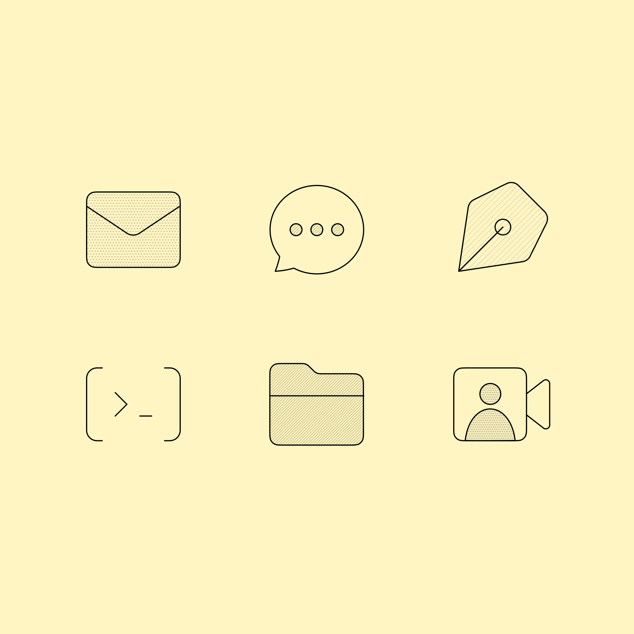 Outlined communication, writing, code, folder, and video symbols